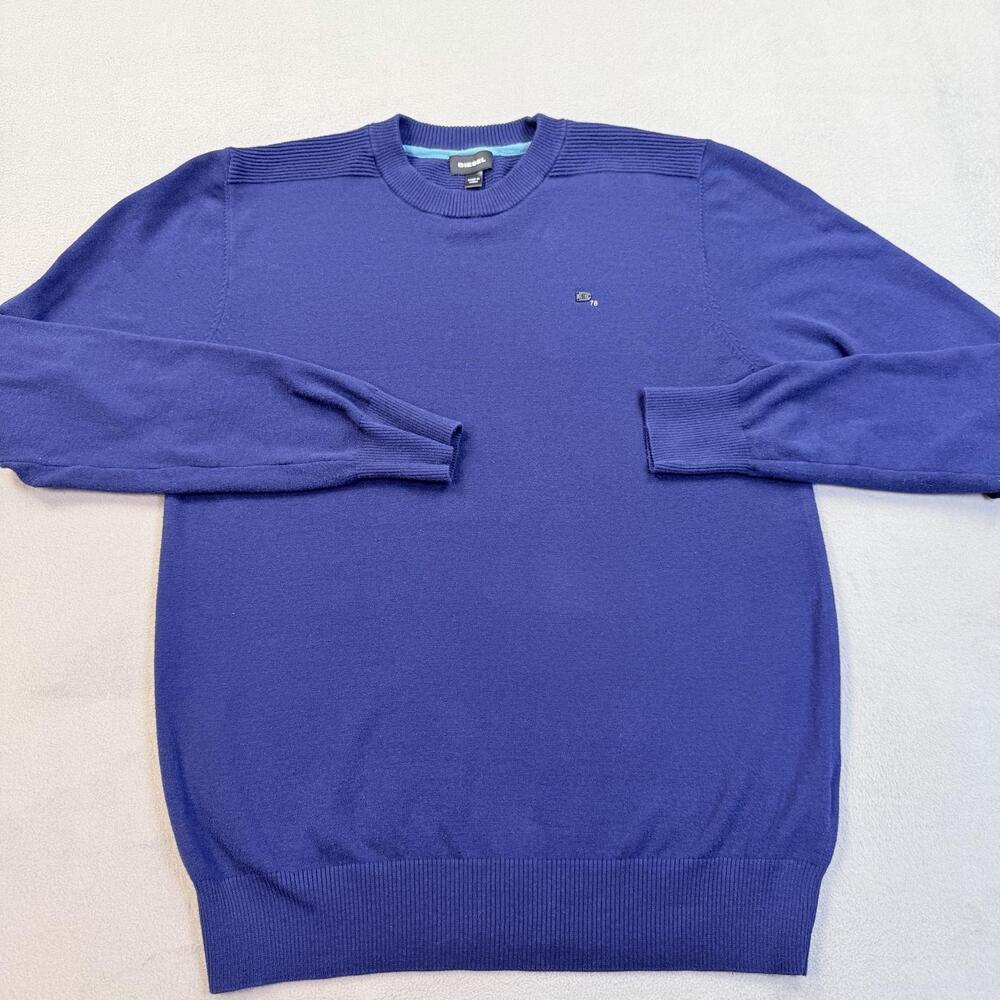 Diesel Sweater Mens Medium Blue Cotton Blend Crewneck Pullover Logo Stretch Knit